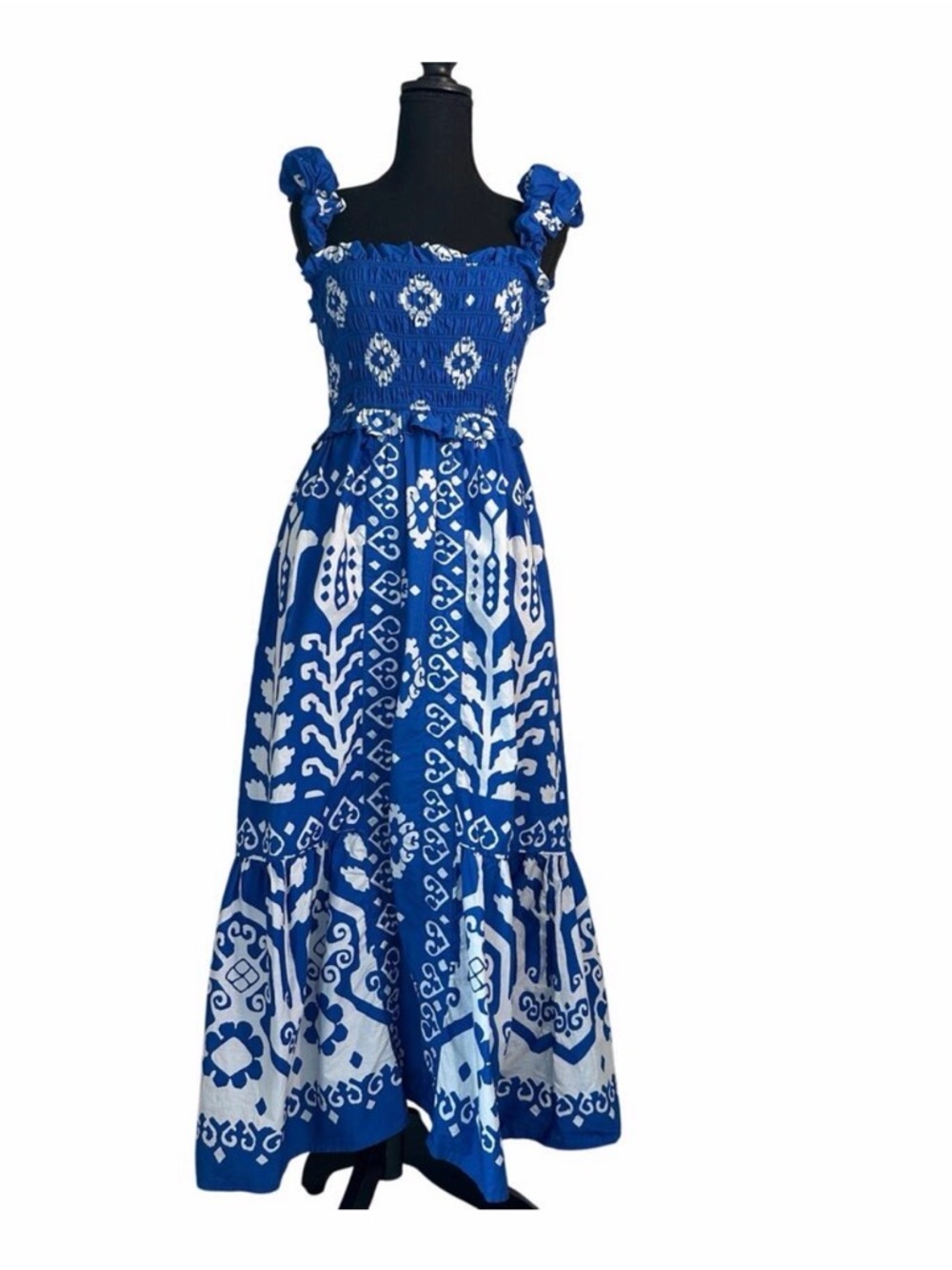 Sea NY Blue Cotton Sonia Print Smocked Coastal Midi Dress, Tropical Resort, XS - Picture 2 of 13